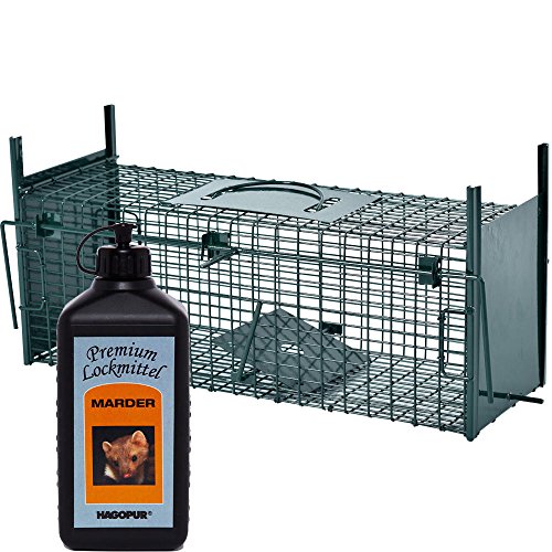 Lebendfalle Secure-M 64 cm + 100 ml Hagopur Marder Lockstoff - zuverlässige & sichere Tierfalle mit 2 Eingängen - sofort einsatzbereit & wetterfest - ideal für Marder, Kaninchen, Katzen, R