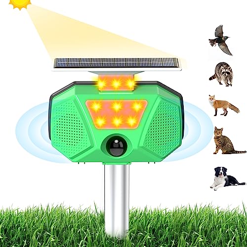 Ultraschall katzenschreck für Garten, Solar Marderschreck mit Bewegungsmelder & 9 LED Blitzlicht, 4 Modi Verstellbar und Sprachalarm, IPX66 Wasserdichter für Katzen Vögel Hunde Taube Schläger Marder