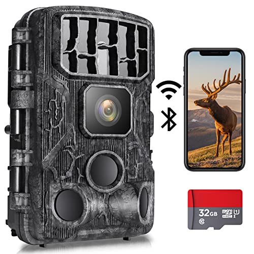 WLAN Bluetooth 4K 30MP Wildkamera mit Bewegungsmelder Nachtsicht Handyübertragung WiFi 0,2s Auslösegeschwindigkeit Bewegungsmelder 120°Weitwinkel IP66 Wasserdichter Wildtierkamera mit 32G SD Kar
