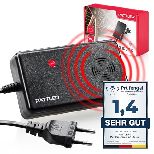 PATTLER ® Marderschreck Auto mit Stecker - für 60m². Marderschreck für Dachboden, Haus, Garten, Garage. Anschluss an Steckdose. Marderabwehr Dachboden mit Ultraschall.
